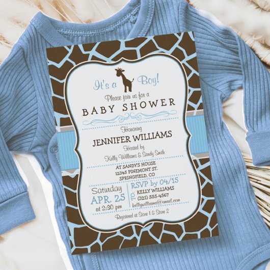 Blauwe Giraffe Print Jongen Baby shower Uitnodigin Kaart