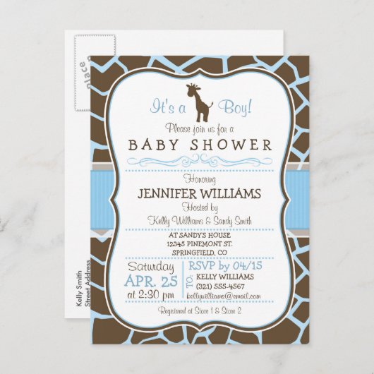 Blauwe Giraffe Print Jongen Baby shower Uitnodigin Uitnodiging Briefkaart (Voorkant / Achterkant)