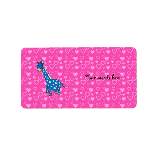 Blauwe giraffe roze harten etiket (Voorkant)