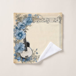 Blauwe Gitaar Muziek Noten Bloemen Bad Handdoek