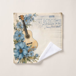 Blauwe Gitaar Muziek Noten Bloemen Bad Handdoek