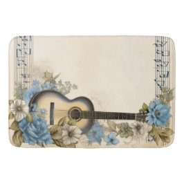 Blauwe Gitaar Muziek Noten Bloemen Badmat