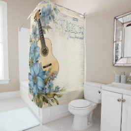 Blauwe Gitaar Muziek Noten Bloemen Douchegordijn