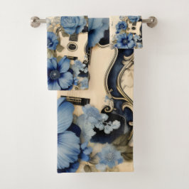 Blauwe Gitaar Muzieknoten Bloemen Bad Handdoek