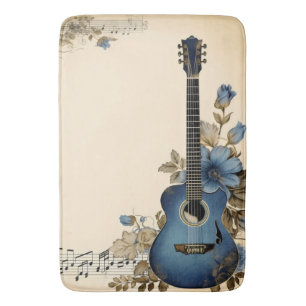 Blauwe Gitaar Muzieknoten Bloemen Badmat