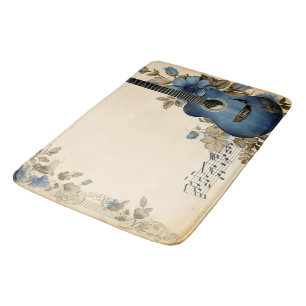 Blauwe Gitaar Muzieknoten Bloemen Badmat