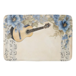 Blauwe Gitaar Muzieknoten Bloemen Badmat