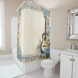 Blauwe Gitaar Muzieknoten Bloemen Douchegordijn