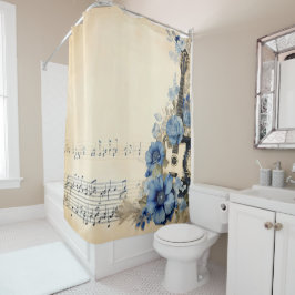 Blauwe Gitaar Muzieknotities Bloemen Douchegordijn