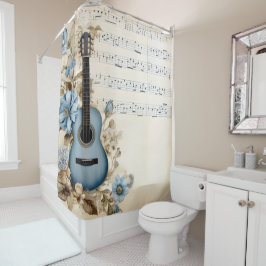 Blauwe Gitaar Muzieknotities Bloemen Douchegordijn