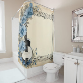Blauwe Gitaar Muzieknotities Bloemen Douchegordijn