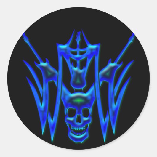 BLAUWE GITAREN EN SCHEDEL RONDE STICKER (Voorkant)