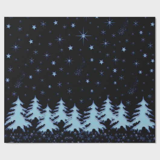 Blauwe glanzende kerstbomen en sterren aan de nach cadeaupapier (Vlak)