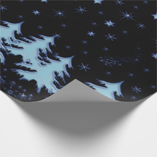 Blauwe glanzende kerstbomen en sterren aan de nach cadeaupapier (Hoek)