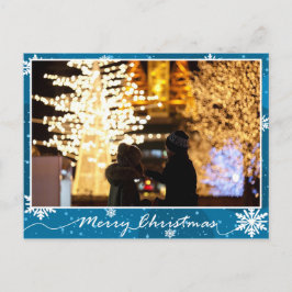Blauwe glanzende sneeuwvlokken Foto Kerstmis Briefkaart