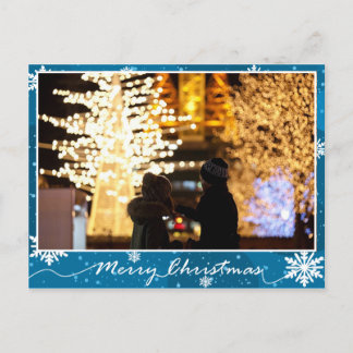 Blauwe glanzende sneeuwvlokken Foto Kerstmis Briefkaart
