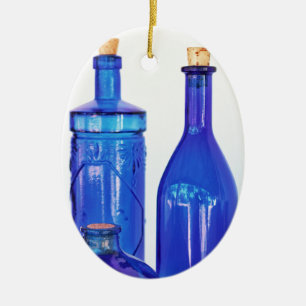 Blauwe glazen flessen keramisch ornament