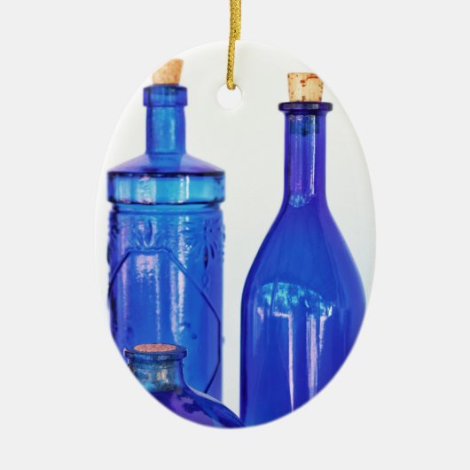 Blauwe glazen flessen keramisch ornament (Voorkant)