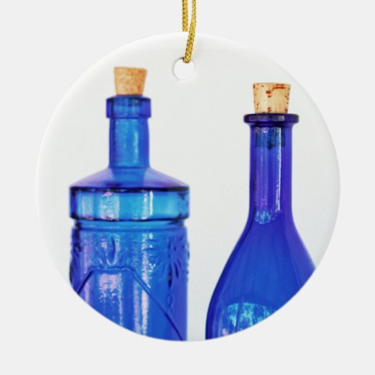 Blauwe glazen flessen keramisch ornament (Voorkant)