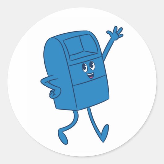 Blauwe glimlachende brievenbus ronde sticker (Voorkant)