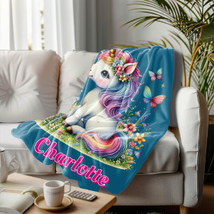 Blauwe glinsterende eenhoorn weide wilde bloemen fleece deken
