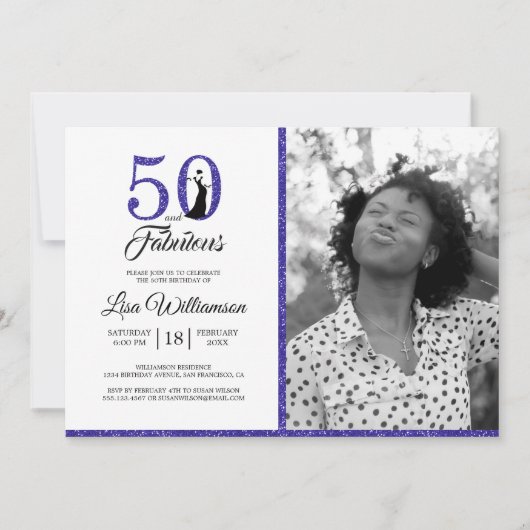 Blauwe Glitter 50 Fabulous 50th Verjaardagsfeestfo Kaart (Voorkant)