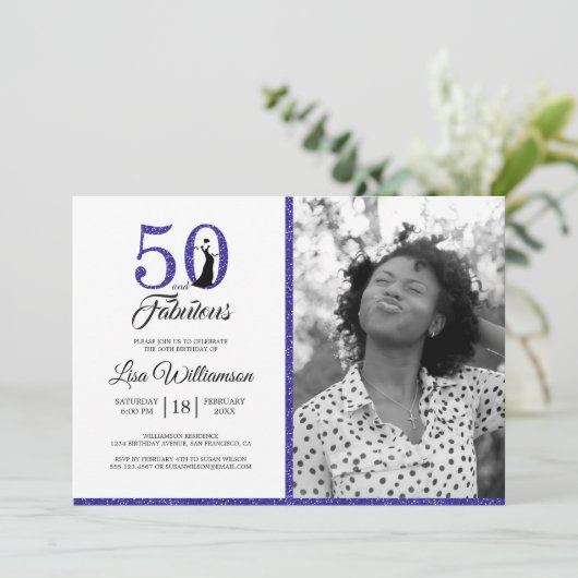 Blauwe Glitter 50 Fabulous 50th Verjaardagsfeestfo Kaart (Staand voorkant)