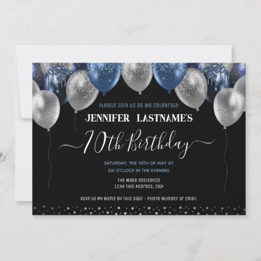 Blauwe Glitter Ballonnen 70e Verjaardagsfeestje Kaart (Voorkant)