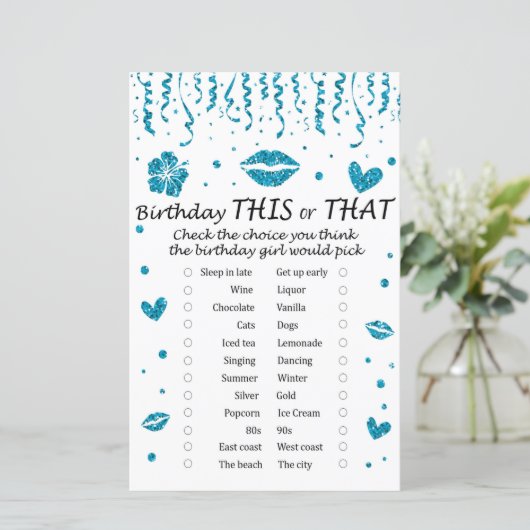 Blauwe glitter Birthday Dit of dat spel (Staand voorkant)