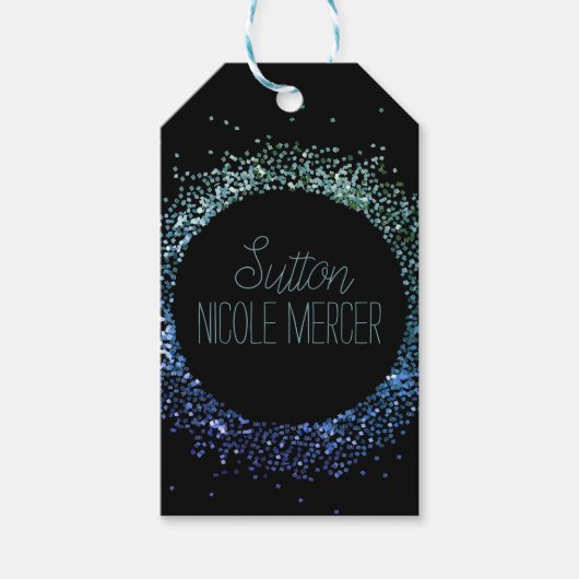 Blauwe Glitter Cirkel Cadeaulabel (Voorkant)