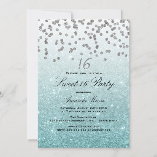 Blauwe Glitter Confetti Sweet 16 Uitnodiging (Voorkant)
