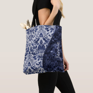 Blauwe Glitter Damast Patroon Glam Wave Gepersonal Tote Bag