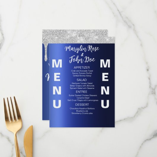 BLAUWE GLITTER DRIP ELEGANT TROUWFEEST MENU (Voorkant / Achterkant in situ)