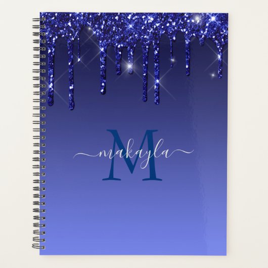 Blauwe Glitter Drips Monogram Naam Planner (Voorkant)