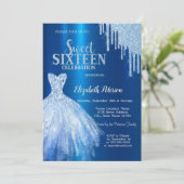 Blauwe Glitter Druppels, Metallic Blauwe Jurk Kaart (Staand voorkant)