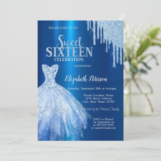 Blauwe Glitter Druppels, Metallic Blauwe Jurk Kaart (Staand voorkant)