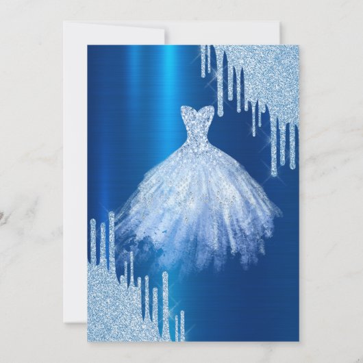 Blauwe Glitter Druppels, Metallic Blauwe Jurk Kaart (Achterkant)