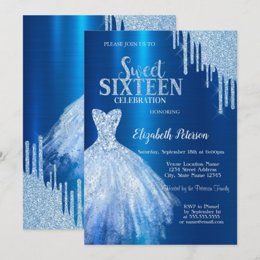 Blauwe Glitter Druppels, Metallic Blauwe Jurk Kaart (Voorkant / Achterkant)