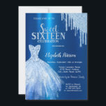 Blauwe Glitter Druppels, Metallic Blauwe Jurk Kaart<br><div class="desc">Elegante blauwe jurk en blauwe glitter druipt op een metallic blauwe achtergrond. Deze uitnodigingen zijn eenvoudig aan te passen voor uw evenement door simpelweg uw gegevens toe te voegen.</div>