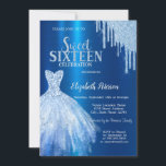 Blauwe Glitter Druppels, Metallic Blauwe Jurk Kaart<br><div class="desc">Elegante blauwe jurk en blauwe glitter druipt op een metallic blauwe achtergrond. Deze uitnodigingen zijn eenvoudig aan te passen voor uw evenement door simpelweg uw gegevens toe te voegen.</div>
