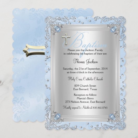 Blauwe Glitter Edelsteen Doop Christening 2 Kaart (Voorkant / Achterkant)
