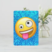 Blauwe glitter emoji uitnodiging (Staand voorkant)
