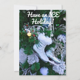 Blauwe Glitter- en Bont Schaatsen aan de Kerstboom Feestdagenkaart