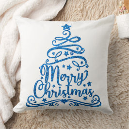 Blauwe glitter en witte prettige kerstboom kussen
