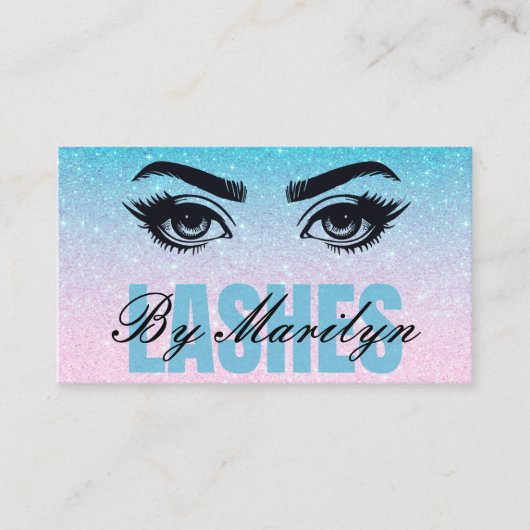 Blauwe Glitter Gradient Lashes QR Code Scannable Visitekaartje (Voorkant)