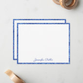 Blauwe Glitter Handgeschreven Script Elegant Custo Notitiekaartje (Voorkant / Achterkant in situ)