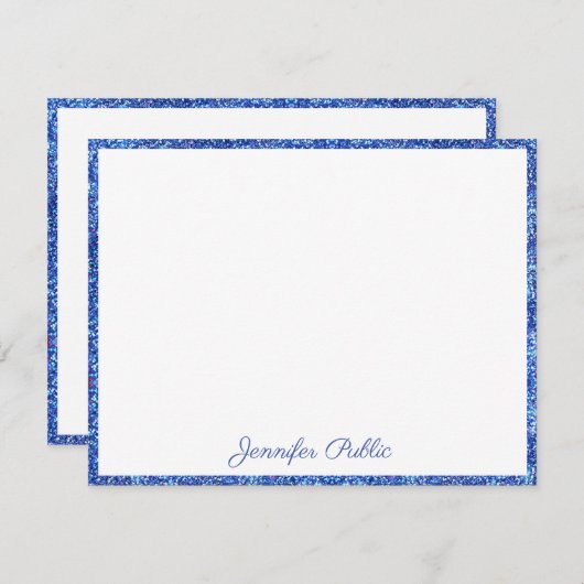 Blauwe Glitter Handgeschreven Script Elegant Custo Notitiekaartje (Voorkant / Achterkant)