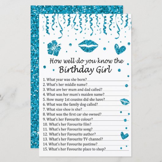 Blauwe glitter Hoe goed ken je de verjaardag? (Voorkant / Achterkant)