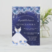Blauwe glitter jurk bloemblaadjes Quinceanera Kaart (Staand voorkant)