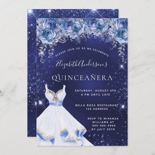 Blauwe glitter jurk bloemblaadjes Quinceanera Kaart (Voorkant / Achterkant)